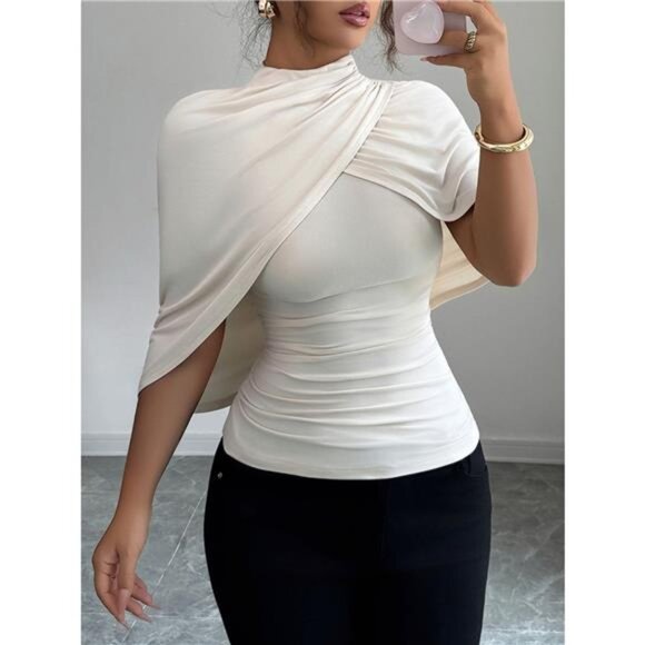 Ruched Mock Neck Shawl Half Sleeve Top - Picture 2 of 5